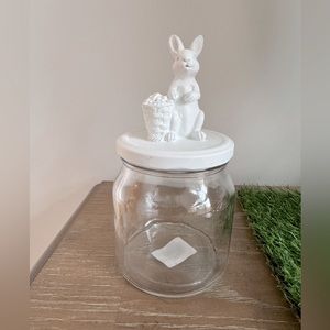 White bunny with basket glass jar.  7 inches tall.  3 inches wide.